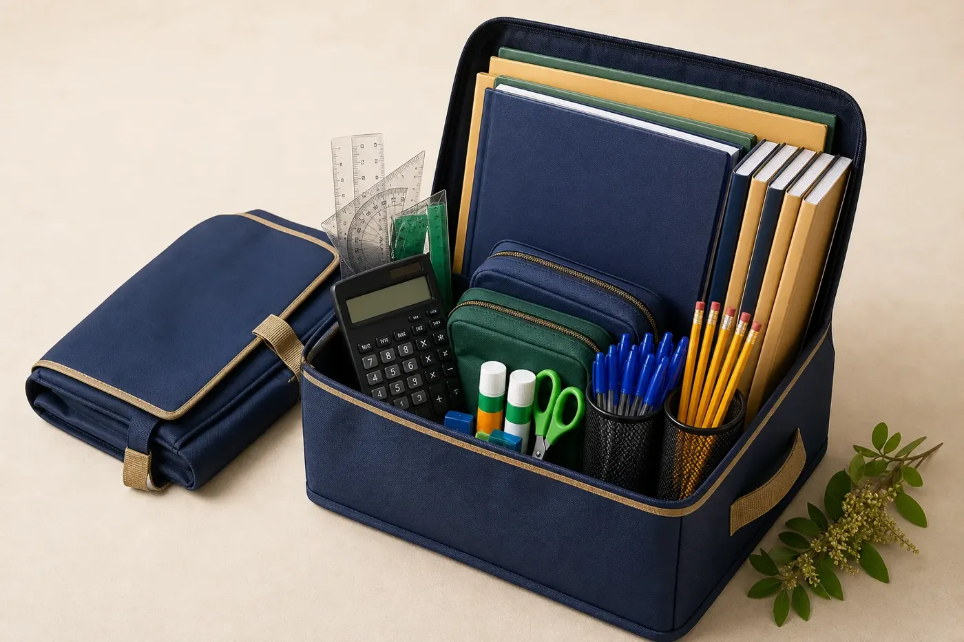 A navy organiser filled with covered books, a calculator, pens, pencils, glue sticks and scissors